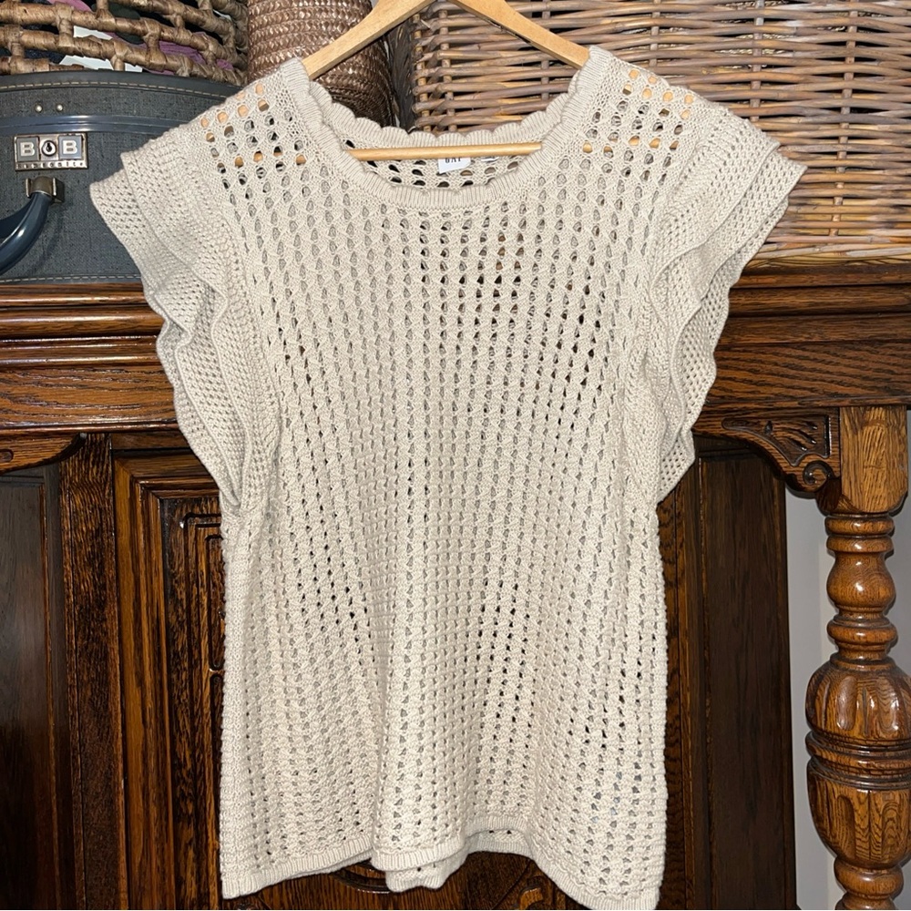 GAP beige Open-Knit Flutter Sleeve Sweater Top